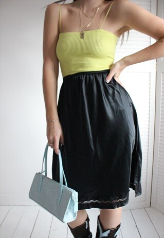 VINTAGE 90S BLACK SATIN MIDI SLIP SKIRT WITH FLORAL TRIM