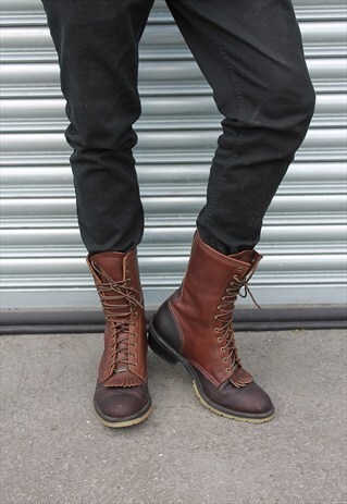 VINTAGE 90S AG7 BROWN LEATHER PACKER BOOTS UK 10.5