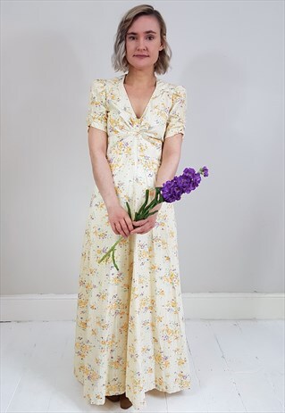 VINTAGE 70'S PALE YELLOW ORANGE AND PURPLE FLORAL MAXI DRESS