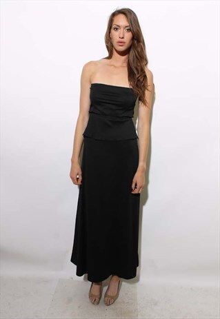 VINTAGE 1970'S 70'S DISCO PEPLUM STRAPLESS BLACK DRESS S-M