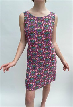 1960's Vintage Abstract Pink Linen Sleeveless Shift Dress