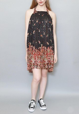 VINTAGE 1970'S BLACK PAISLEY PLEATED HALTERNECK MINI DRESS