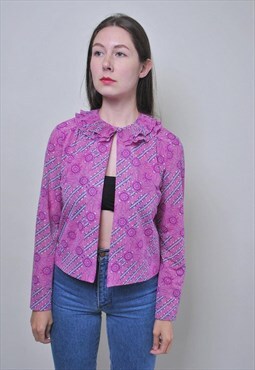 Vintage pink ruffled blouse, flowers print cute summer shirt