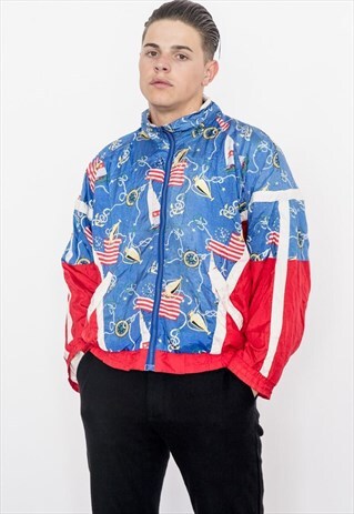 90S VINTAGE RED AND BLUE SAILING BOMBER JACKET