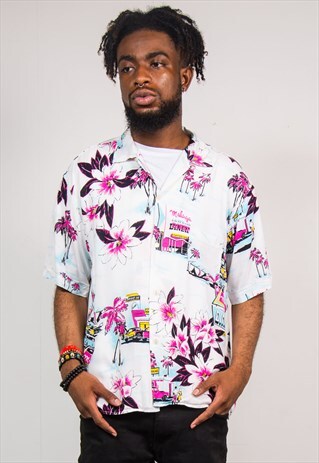 90'S VINTAGE WHITE HAWAIIAN PATTERN SHORT SLEEVE SHIRT
