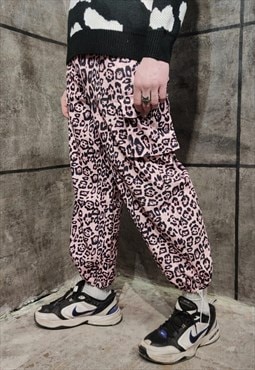 Leopard print joggers slim fit cuffed animal overalls pink