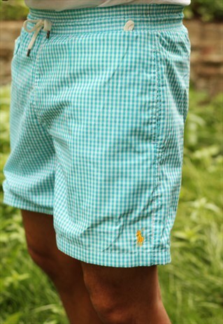 VINTAGE RALPH LAUREN TURQUOISE CHECK SWIMMING SHORTS