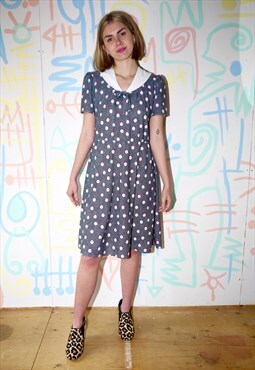 Dress Vintage 70s Knee Length Black, Polka Dot Print Size 12