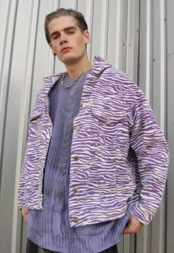 Zebra print denim jacket animal stripe jean coat in purple