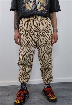 Zebra faux fur joggers stripe fleece pants handmade trousers