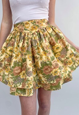 80's Vintage Ladies Floral Ra Ra Cotton Beige Mini Skirt