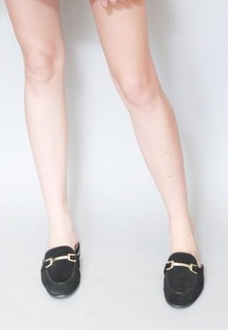 TOPSHOP BLACK SUEDE GOLD BUCKLE SLIDES