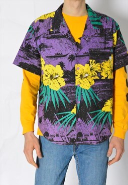Vintage 80s Purple Flower Hawaii Short Sleeve Mens Shirt