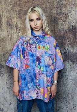 Abstract shirt short sleeve rainbow top paint blouse purple