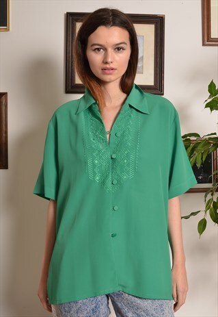 VINTAGE 90S EMBROIDERED CHIFFON OVERSIZE SHIRT IN GREEN