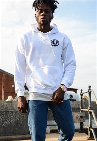 YIFY HOODIE IN WHITE WITH STAMP LOGO.