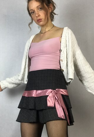 90S/00S/Y2K GREY PLAID RARA SKIRT WITH PINK BOW
