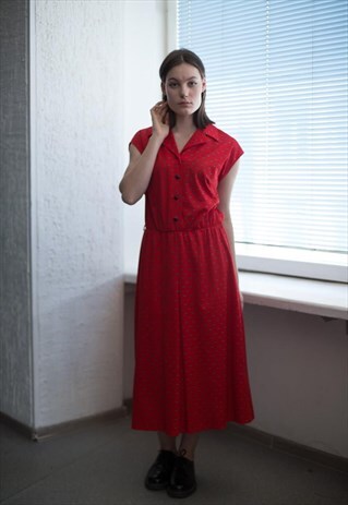 VINTAGE 80'S RED PATTERNED MIDI SLEEVELESS DRESS