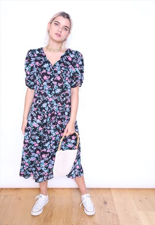 VINTAGE 80S DARK FLORAL PUFF SLEEVE MIDI DRESS
