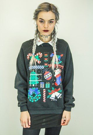 VINTAGE CUTE PRINTED BLACK CHRISTMAS TOP