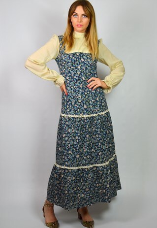 VINTAGE 70S BLUE & CREAM FLORAL BOHO FESTIVAL MAXI DRESS