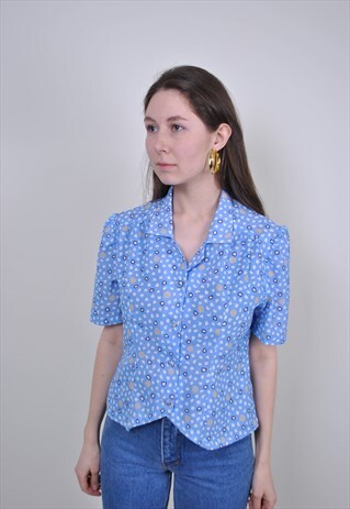 80S ABSTRACT BLUE BLOUSE, VINTAGE SUMMER FRANCE SHIRT