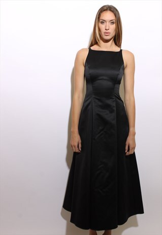 VINTAGE 1990'S 90'S BLACK SATIN BALL GOWN EVENING FORMAL S-M