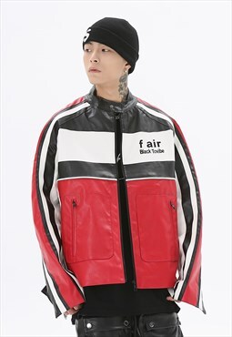 Colour block racing jacket faux leather grunge varsity red
