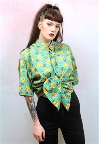 1980S VINTAGE OVERSIZED GREEN PATTERN COTTON SHIRT