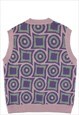 GEOMETRIC PRINT SLEEVELESS SWEATER PREPPY CARDIGAN IN PURPLE