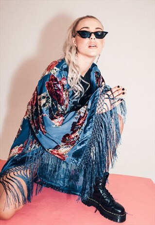 BURNOUT VELVET FESTIVAL KIMONO JACKET WITH FRINGING