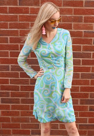 VINTAGE 70S MINI SUMMER DRESS GREEN BLUE FLORAL PAISLEY