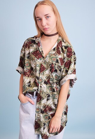 90'S RETRO ABSTRACT PRINT OVERSIZED SHIRT BLOUSE TOP