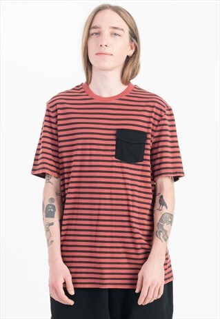 STRIPE T-SHIRT IN RED AND BLACK WITH CHEST POCKET DETAIL