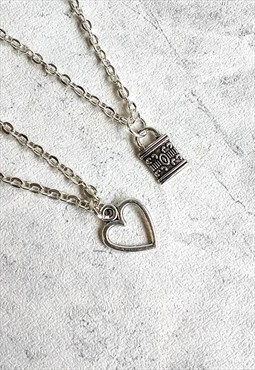 Love Heart and Mini Padlock 2 Necklace Set