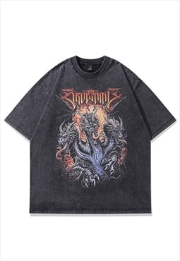 Dragon print t-shirt monster tee 90s cartoon top in grey