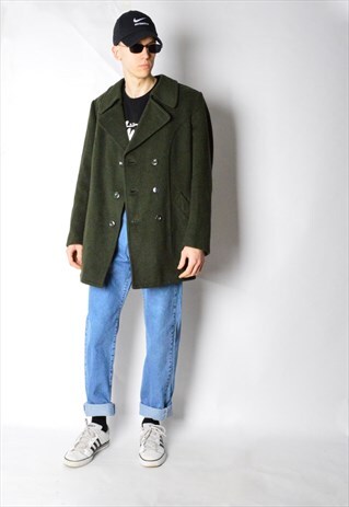 VINTAGE 60S KHAKI GREEN WOOL BLEND COAT