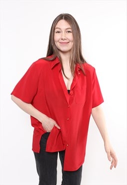 90s red formal blouse, vintage woman short sleeve minimalist
