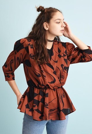 80'S RETRO ABSTRACT DRAPED PARIS CHIC PEPLUM BLOUSE TOP