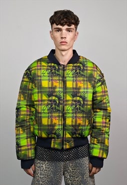 Punk check varsity jacket green check reversible rave bomber