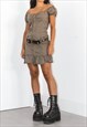 VINTAGE Y2K RUFFLE KAKI CARGO OFF SHOULDER DRESS