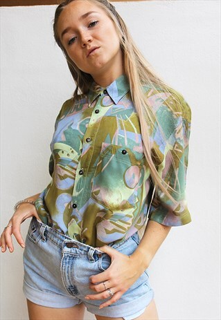 GREEN & PURPLE PRINT SHORT SLEEVED BOYFRIEND SHIRT