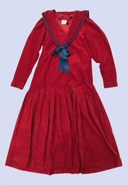 Vintage 80s Red Corduroy Cotton Sailor Midi Festive Dress