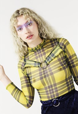 'Rebel Yell' yellow tartan mesh long sleeve top