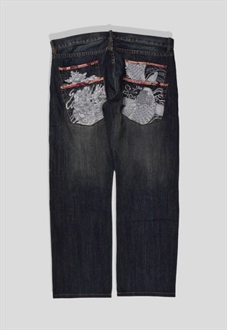 VINTAGE JAPANESE EMBROIDERED KOI DENIM JEANS IN BLUE