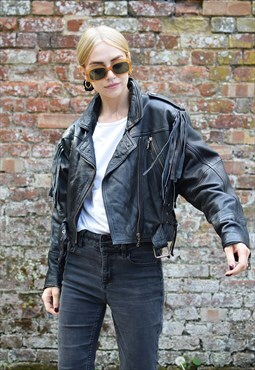 Vintage Leather Biker Jacket 1980s Black Fringed Cropped