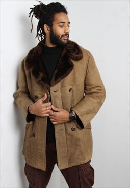 Vintage Suede Leather Sherpa Lined Jacket Coat Brown