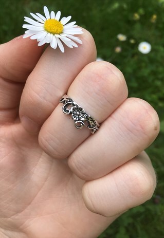WOMENS BOHO FLORAL FLOWER SILVER COLOUR FESTIVAL MIDI RING