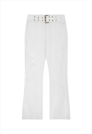 Distressed flare jeans ripped belted denim trousers in white