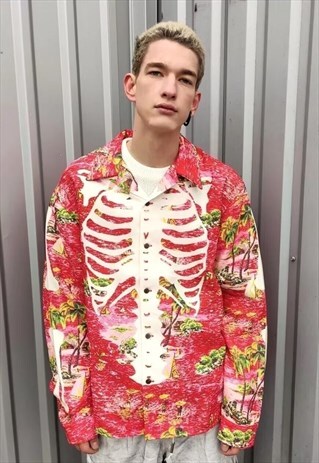 SKELETON PRINT SHIRT FLORAL GRUNGE BLOUSE PUNK BONES TOP RED